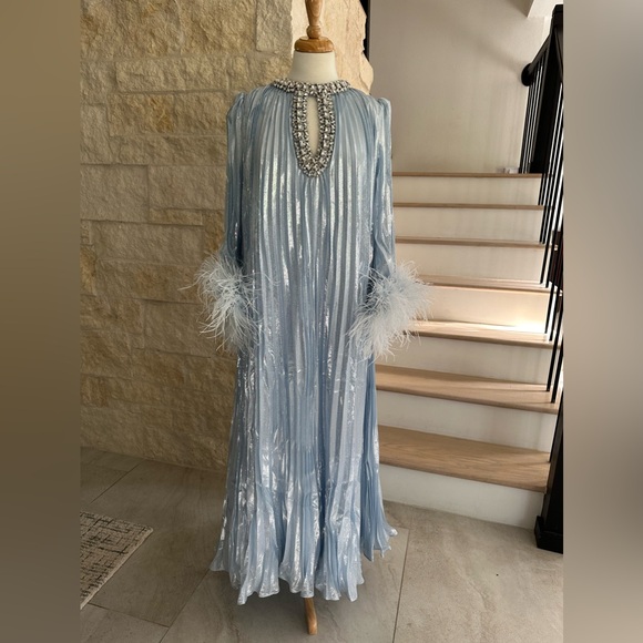 Self Portrait Blue Metallic Chiffon Feather Midi Dress - Picture 8 of 17